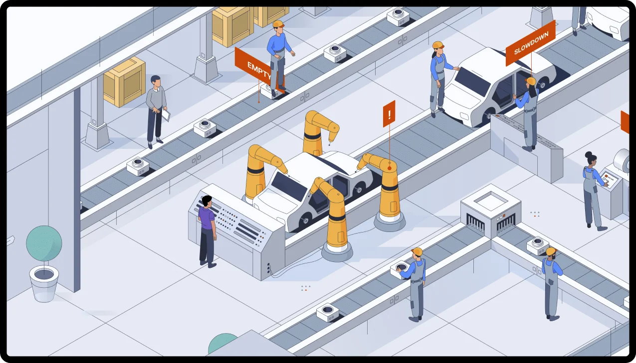 Isometric factory visualization showing AI-powered manufacturing monitoring