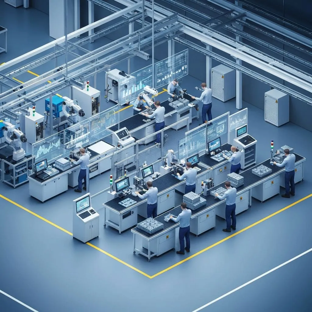 Modern manufacturing floor with AI-powered monitoring across every station