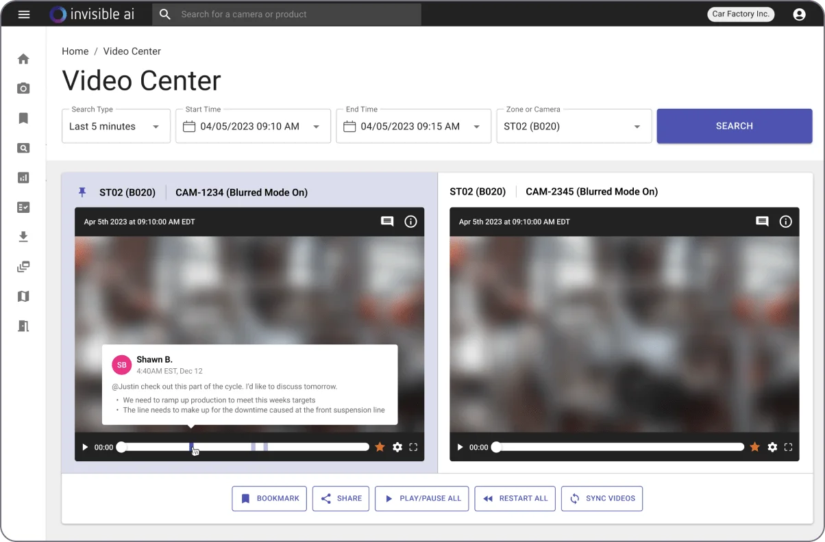 Invisible AI software dashboard showing video center
